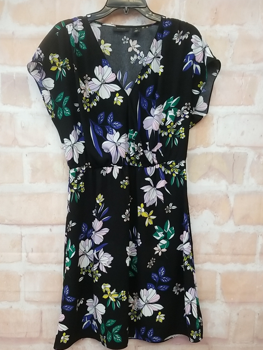 Halogen Dress Black With Pink Lavender Blue Floral Print Cap Sleeves. Size M